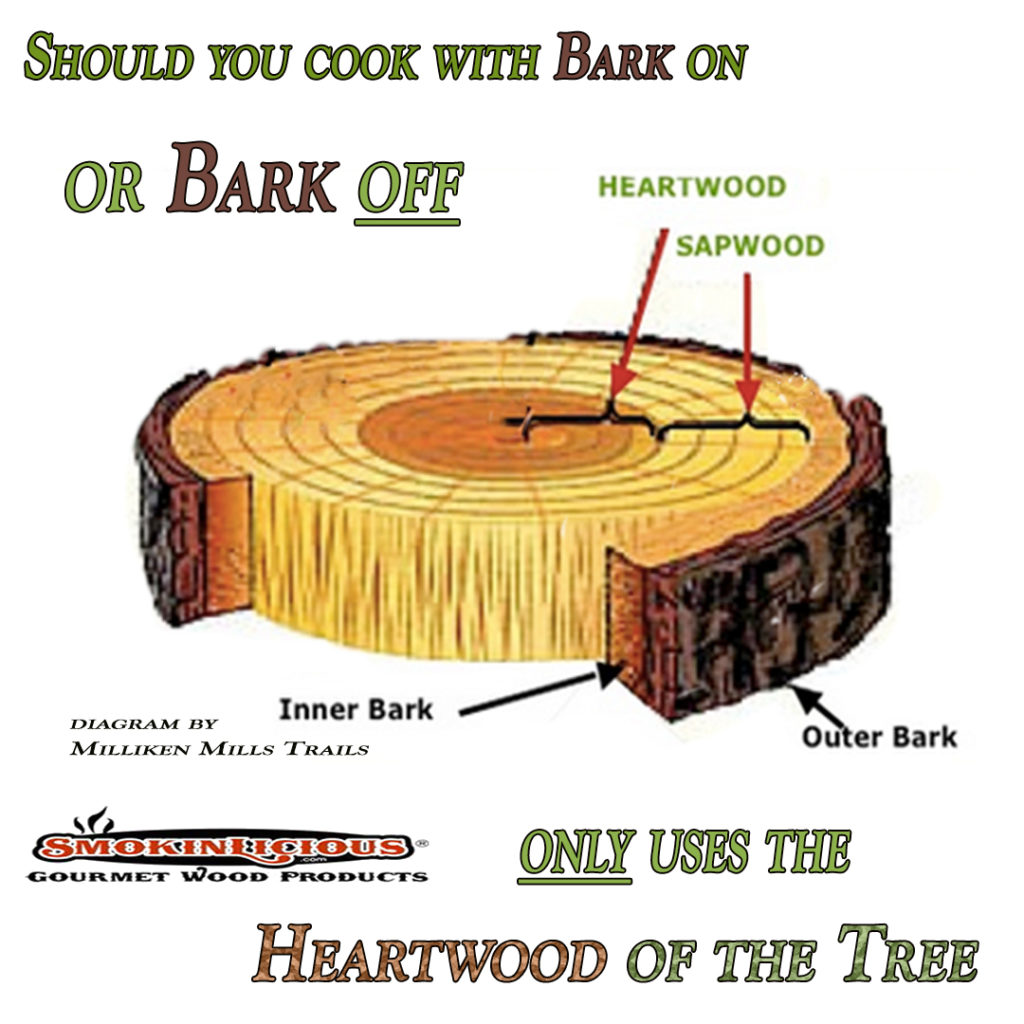 In the Bark or Not debate this Diagram shows the two key elements of the tree that can affect your Barbecue results. Smokinlicious® only harvest wood from the heartwood of the tree.