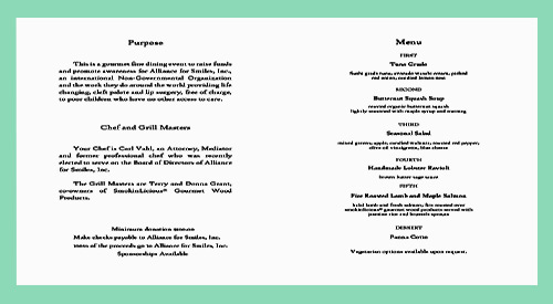 menu and invitation for the DINING FOR SMILES 6 COURSE DINNER EVENT
