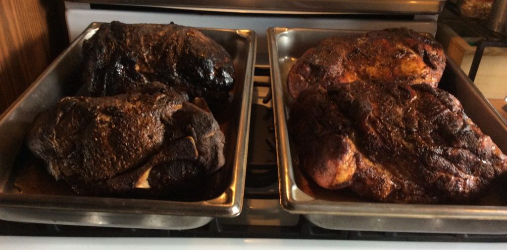 All four Boston Butt (s) one done on charcoal with the Weber, another in the Orion with wood chips and two on the gas grill with wood chunks- the coloring is not much different! 