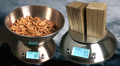 our food scale demonstrates HOW MUCH WOOD TO ADD of Grande Sapore® and Double Filet wood chunks as a guide to adding wood flavoring with our Smokinlicious® products.
